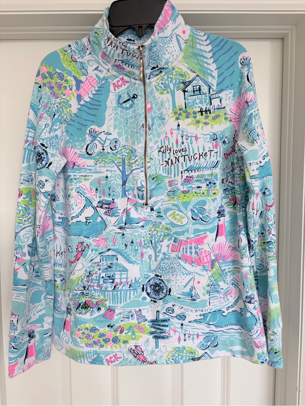 Lilly Pulitzer Nantucket Map Half-Zip Pullover in Aqua, Pink & Lime